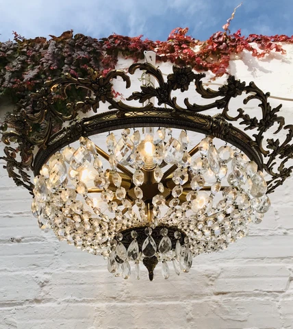 24" ✨ Antique Bowl Chandelier, Bronze Semi Flush Mount French Crystal Beaded Bag Cover