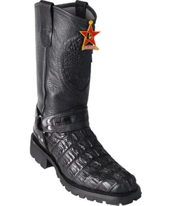 Los Altos BLACK Caiman Crocodile Tail Biker Boots Square Toe Biker D 55T0105 - Picture 1 of 2