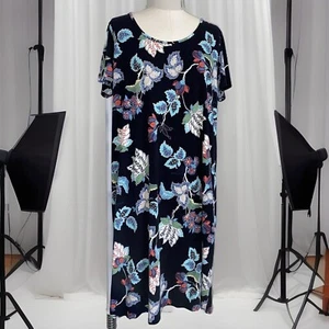 J. Jill Wearever Dress Small Black Floral Stretch Knit Short Sleeve Pullover Mod - Picture 1 of 8