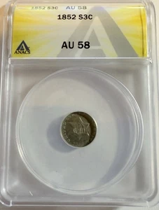 1852 Three 3 Cent Silver - ANACS AU 58 - Fresh Grade / New Holder - Picture 1 of 6