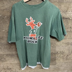 Vintage 90’s Milwaukee Bucks Double Layer Deer Logo Tee Size L Single Stitch - Picture 1 of 8