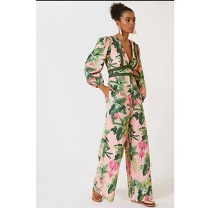 Farm Rio Anthropologie Tropical Jumpsuit Small Pink Green Deep V Wide Leg Beach - Picture 1 of 13