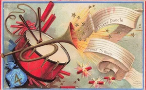 INDEPENDENCE DAY c1910 Postcard YANKEE DOODLE & FIREWORKS & DRUM Chromolith - Picture 1 of 2