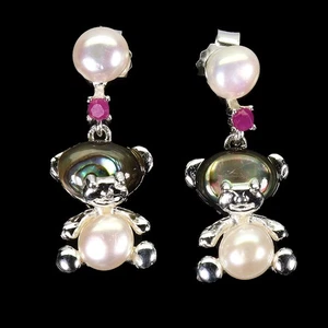 925 Sterling Silver Earrings Round Ruby Pearl Mop Bear Natural Gemstone Jewelry - Picture 1 of 13