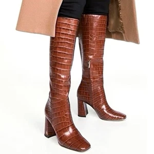 NEW SAM EDELMAN Clarem Leather Croc Embossed High Block Heeled Tall Boots SZ 6.5 - Picture 1 of 13