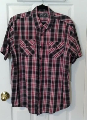 Men's L WESTERN Retro Fit Short Sleeve Cotton Red &Black Plaid Shirt  Button Up - Image 1 of 4