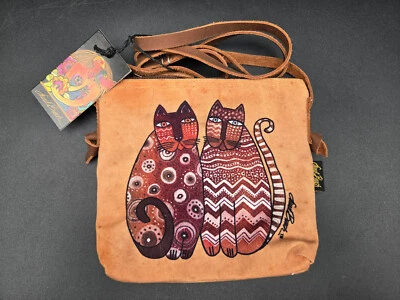 Laurel Burch Cat Purse Bag Sedona Felines Canvas Leather Strap Whimsical Brown - Image 1 of 4