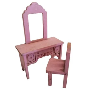Dollhouse Furniture Vanity & Chair Pink Wooden Accessory Wood Vintage Miniature - Picture 1 of 12