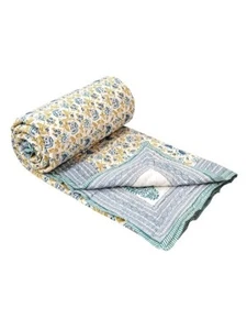 Hand Block Printed Cotton King Size Quilt (90 inch X 108 inch) (BLUE JAAL) - Picture 1 of 6