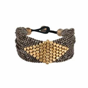 81stgeneration Friendship Bracelet Brass Black Gold Faceted Bead Woven Beaded - Imagen 1 de 3