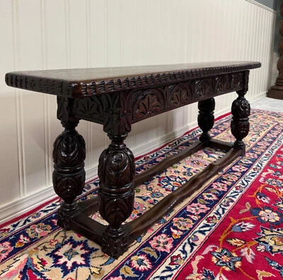 Antique English End-of-Bed Bench Window Seat Settee Carved Oak c. 1900 - Image 1 of 4