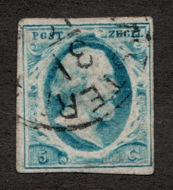 1852 Netherlands Sc# 1 - 5¢, King William III. Used postage stamp. Cv$35 - Image 1 of 1
