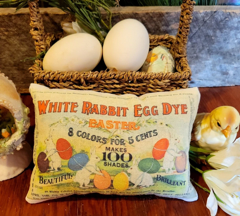 Primitive Farmhouse Easter White Rabbit Egg Dye Tuck Pillow Peg/Door Hanger - Image 1 of 1