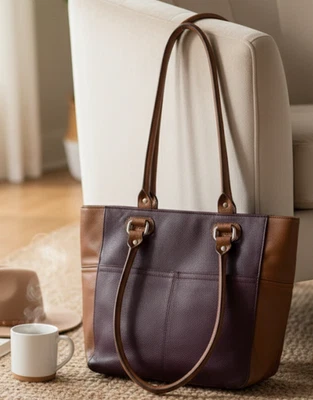 Bolso de Mano Tignanello Mediano Perfecto Bolsillos Cuero Guijarro Bloques de Color Sangre de Buey/Coñac Foto 1 de 4