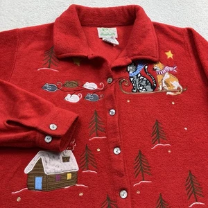 Vintage Quacker Factory Christmas Cats Cardigan Fleece Womens Medium Red Button - Picture 1 of 11