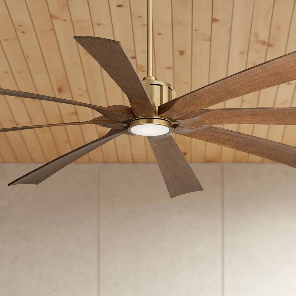 70" Possini Defender Soft Brass Koa Damp LED Ceiling Fan with Remote - Image 1 of 4