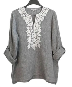 John Mark Sz. XL 100% Linen Embellished Roll Tab Sleeve Tunic Top Resort Boho - Picture 1 of 7