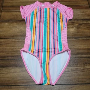 Art Class Girls 1Pc Pink & Multicolored Striped Swimsuit - Size Large (10-12) - Picture 1 of 6