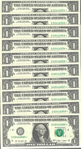 10 Consecutive - 2009 $1 D *Star* Federal Reserve Notes - Crisp Uncirculated - Picture 1 of 2