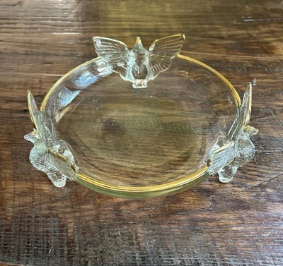Vintage Jeannette Glass Eagle Footed Bowl Candy Dish Gold Trim Birds Clear 7" - Image 1 of 4