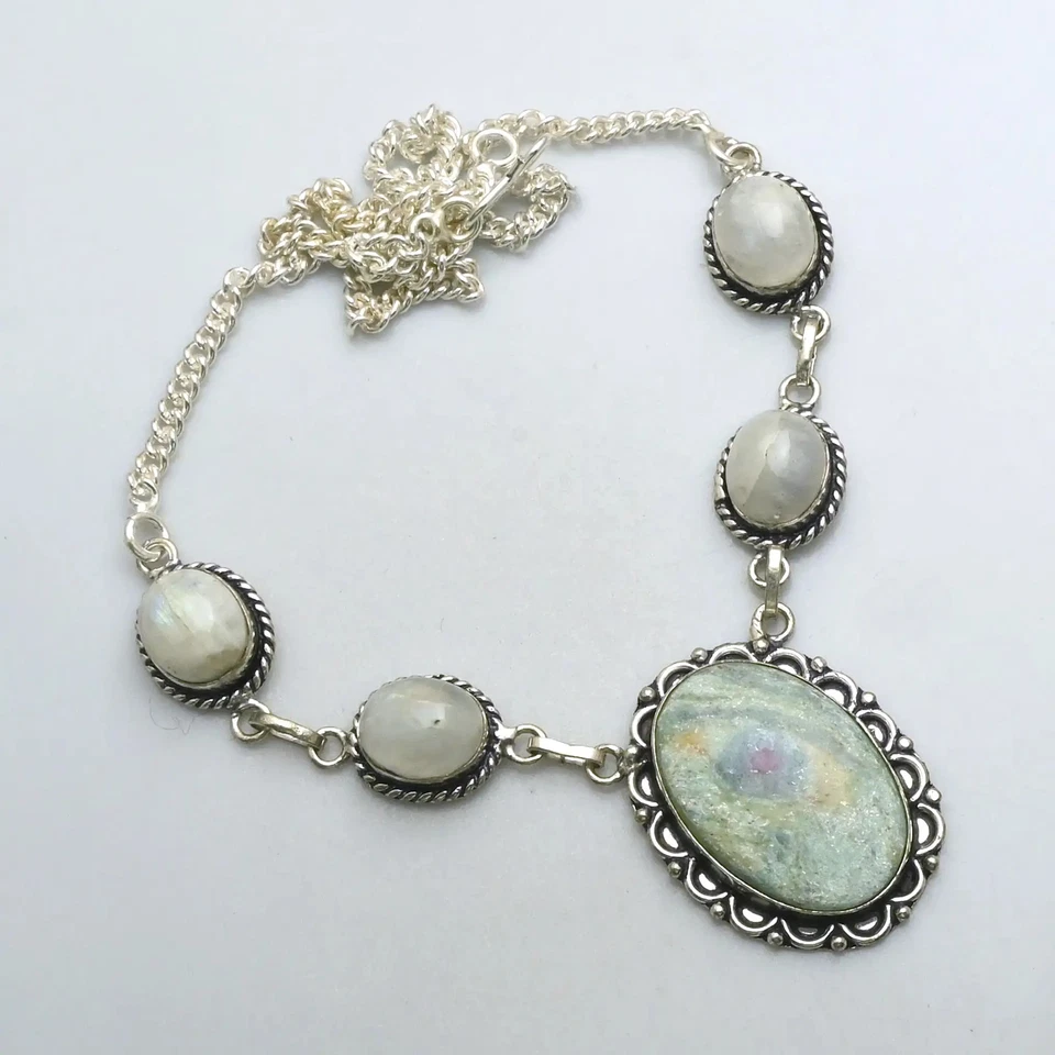 Ruby Zoisite Rainbow Moonstone Gemstone Ethnic Necklace Jewelry 28 Gms AN 12254 - Image 1 of 1
