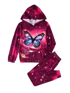 New Boutique Girls Size 10 Long Sleeve Hooded Butterfly Pants Outfit Set - Picture 1 of 3