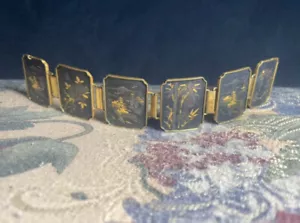 Vtg MCM Amita? Japanese Damascene Jewelry Pagoda Asian Scenes Panel Bracelet - Picture 1 of 7
