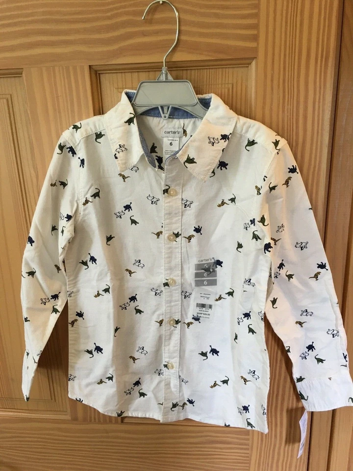 New Carter's Dinosaur Oxford Boys Shirt Top Button Down Size 6,7,8,10,12,14 - Image 1 of 1
