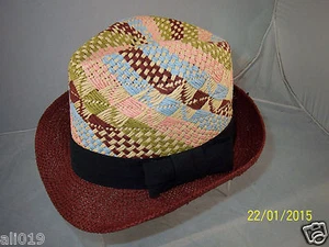 My Style Lab Woven Paper Straw Fedora Hat One Size Wine Multi Black Bow Band - Picture 1 of 3