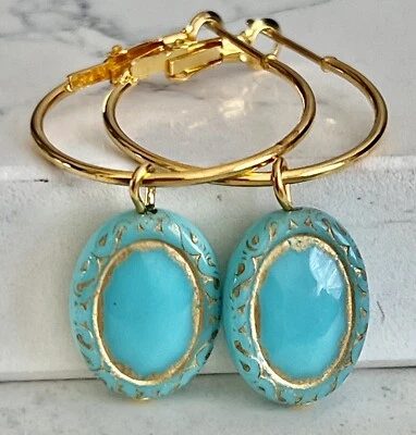 Etched Turquoise Vintage Bead and Gold Hoop Earrings. - Image 1 of 2
