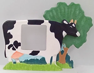 Cow Picture Frame Trees Farm Animal Ceramic Free Stand Black White Green Vintage - Picture 1 of 4