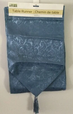 BLUE JACQUARD DAMASK TABLE RUNNER w/TASSELS Party Decoration-6FTx1 FT - Image 1 of 4