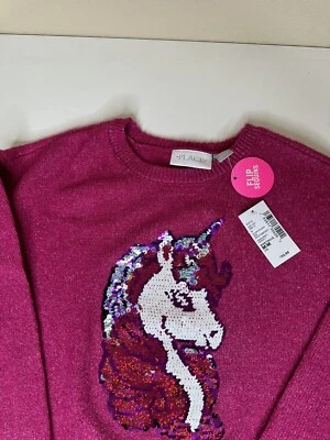 NEW! The Children’s Place Girls Sweater Size 7/8 Pink Flip Sequin Unicorn - Image 1 of 3