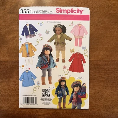 Simplicity Sewing Pattern #3551 for 18" dolls - American Girl Doll Size - UNCUT - Image 1 of 3
