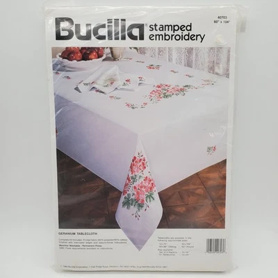 NOS Bucilla Stamped Cross Stitch 1992 Geranium Tablecloth 60x104 40701 - Image 1 of 4