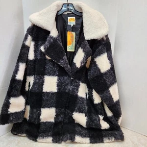C&C CALIFORNIA Black White Faux Fur Teddy Bear Coat 2X Buffalo Check Plaid New - Picture 1 of 10