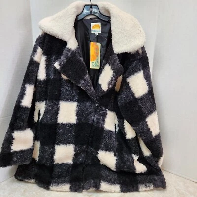 C&C CALIFORNIA Black White Faux Fur Teddy Bear Coat 2X Buffalo Check Plaid New - Image 1 of 4
