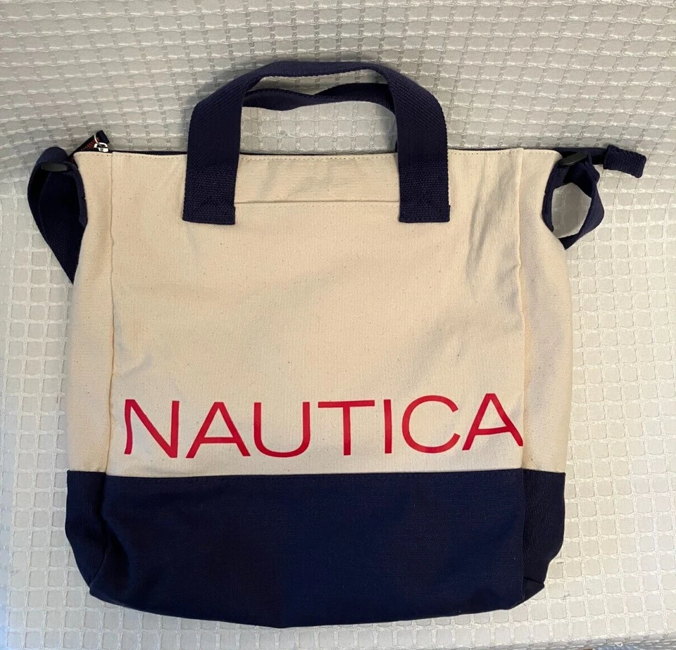 Сумка с короткими ручками Nautica, натуральный и темно-синий холст с ремнем через плечо и ручками, новый без ЯРЛЫКОВ - Изображение 1 из 4