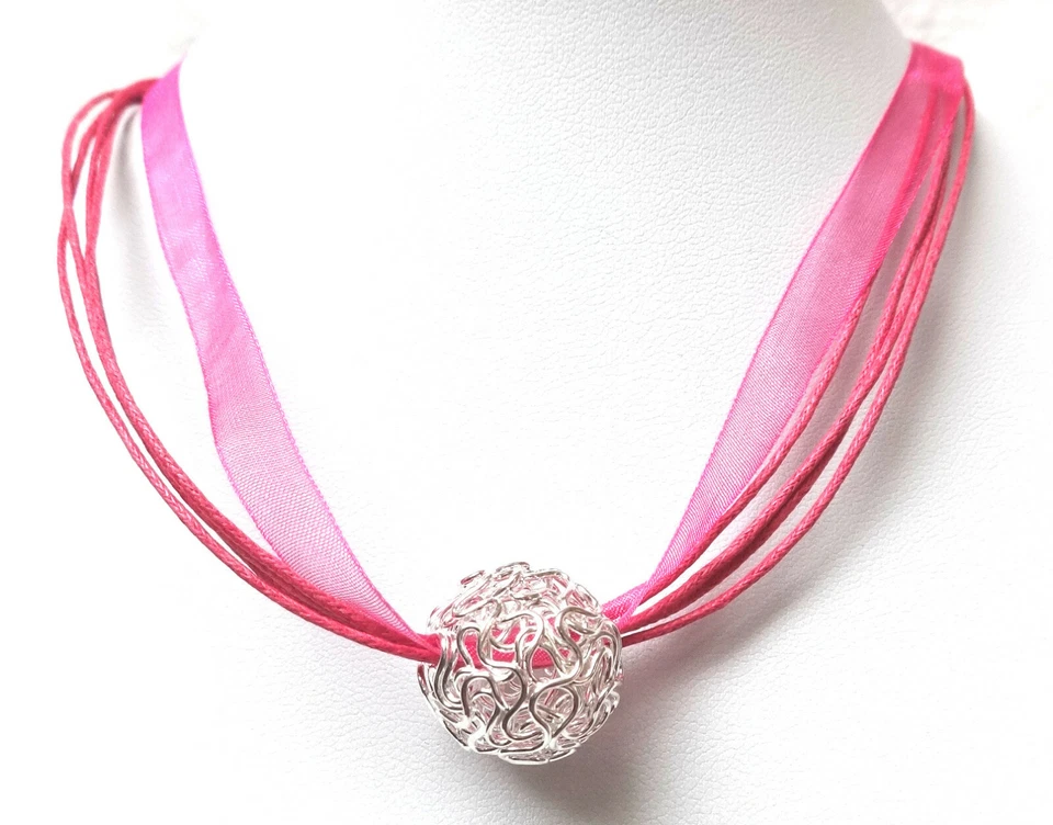 SILBER PERLE HALSKETTE KETTE ORGANZA KUGEL DRAHTKUGEL SCHMUCK DAMEN PINK ROSA - Bild 1 von 1