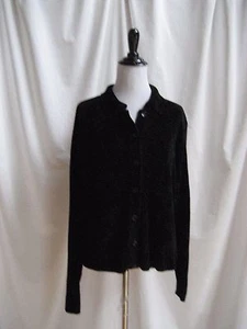 Field Manor Size M Long Sleeve Button Front Sweater Black Velour - Picture 1 of 7