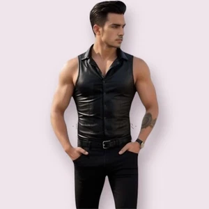 Men's Black Leather T-Shirt Real Lambskin Leather Shirt Causal Leather Shirt - Picture 1 of 3