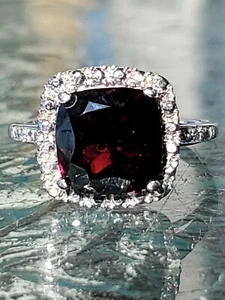 Garnet Labcreated Cushion Cut & Diam Ring 10kt Solid White Gold - Picture 1 of 12