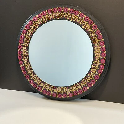 9 Inch Magenta Gold Mandala Mirror - Hand Painted Wall Mirror - Round - Circle - Image 1 of 4