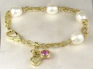 Judith Ripka 14k Yellow Gold .585 Pink Sapphire Pearl & Diamond Fine Bracelet-7"