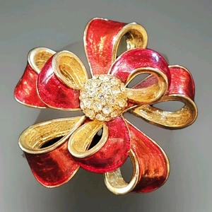 Vintage Gold Plate Bow Brooch with Red Enamel and Rhinestones 1.75" - Picture 1 of 2