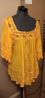 Túnica/vestido vintage mexicano mostaza amarillo manga mariposa Reino Unido 12-14 EE. UU. 10 Foto 1 de 2