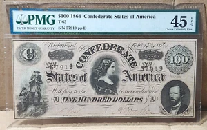 1864 CSA Confederate States Of America $100 Note T-65 PMG 45 EPQ - Picture 1 of 2