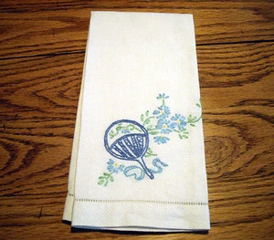 Tea Towel Dish Towel White w/ Blue Rattle and Blue Flowers ~ - Picture 1 of 2