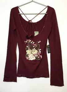 Women's Arden B Burgundy Jumper Embroidered Sequin Flowers - Size XS - (#22) - Picture 1 of 8