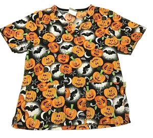 Halloween Scrub Top Womens Size XS Pumpkins Bats Jack-O-Lanterns Scrubs Nurse - Picture 1 of 5
